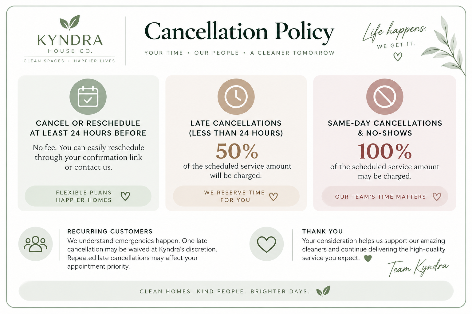 Kyndra House Co. cancellation policy: cancel or reschedule 24 hours in advance, late cancellations may incur a 50% fee, and same-day cancellations or no-shows may be charged in full.