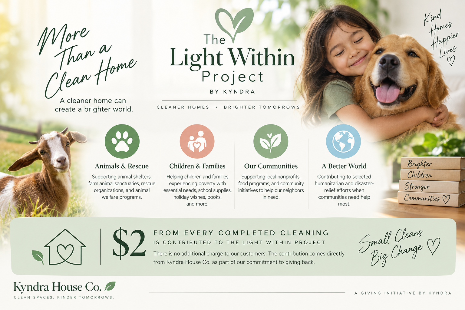 The Light Within Project by Kyndra supports animals and rescue, children and families, local communities, and humanitarian relief through every completed cleaning.